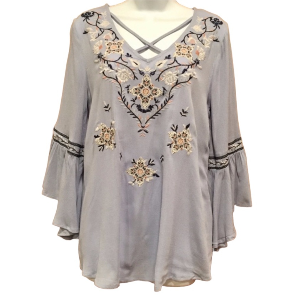 Blu Pepper Dusty Blue Bell Sleeve Embroidered Top Small